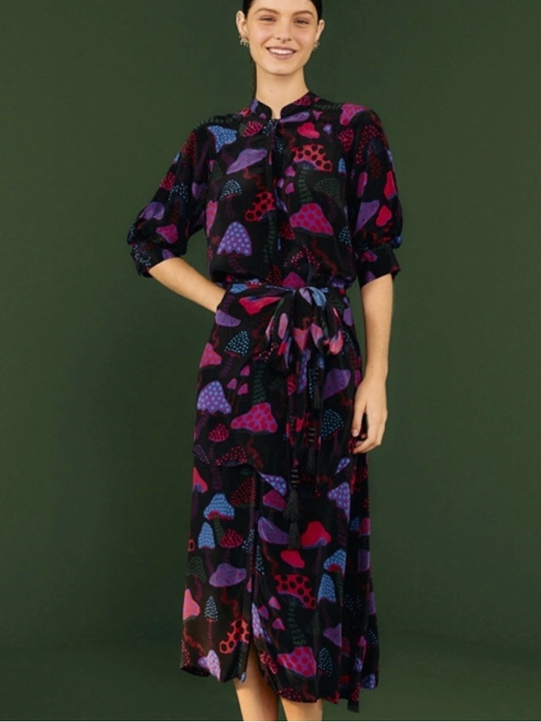 Farm Rio Neon Mushroom Black Midi Dress With Purple, Pink And Blue Print